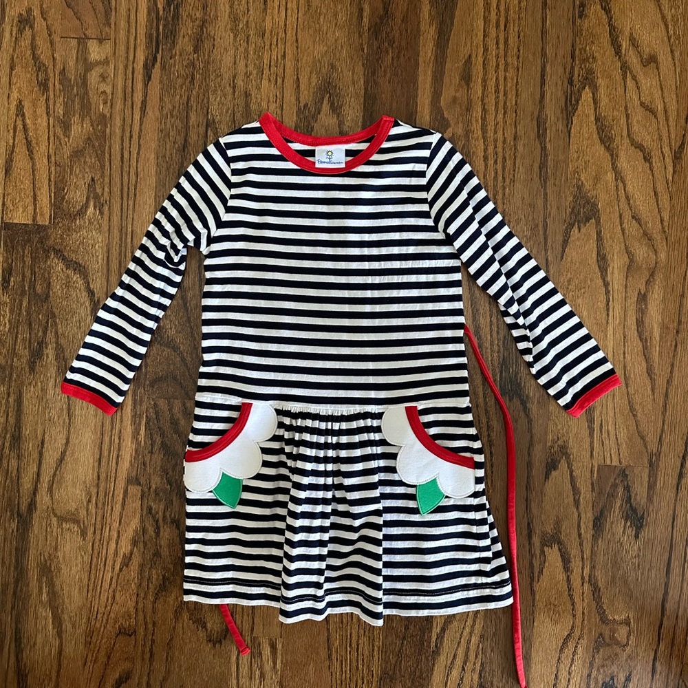 Florence Eiseman navy striped dress with flower pockets